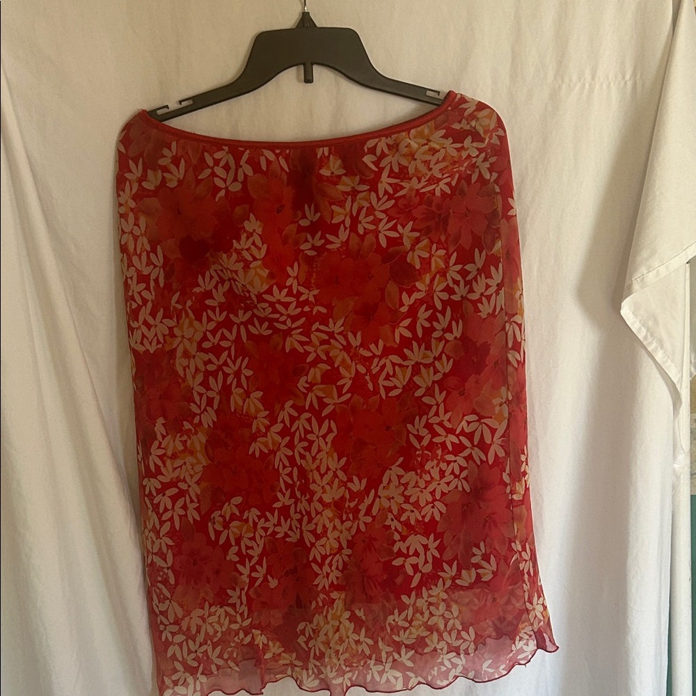 Red Floral Midi Skirt with Sheer Overlay